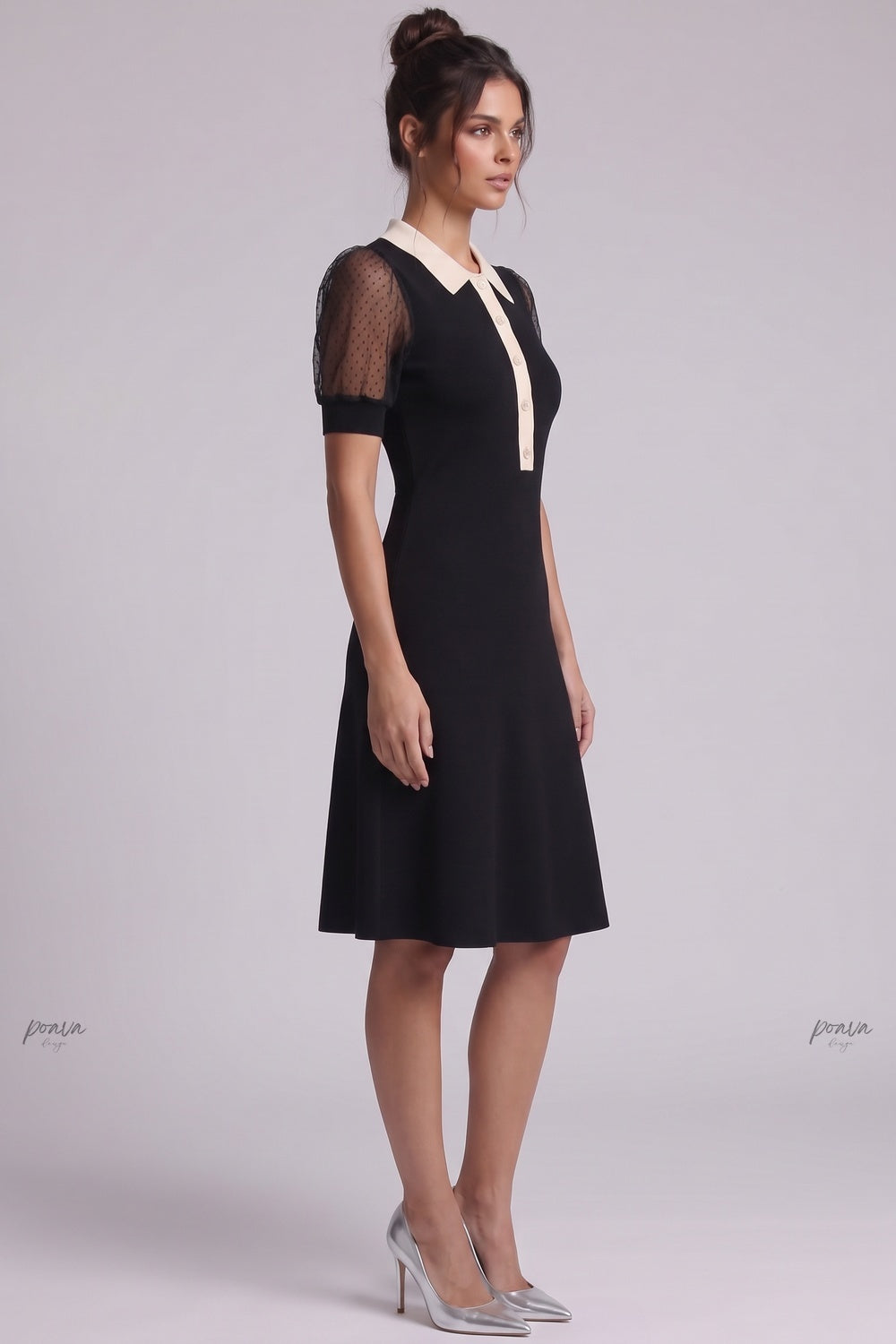 Black Fine Knit A-Line Dress with Contrast Collar black fine knit dress - product view 5