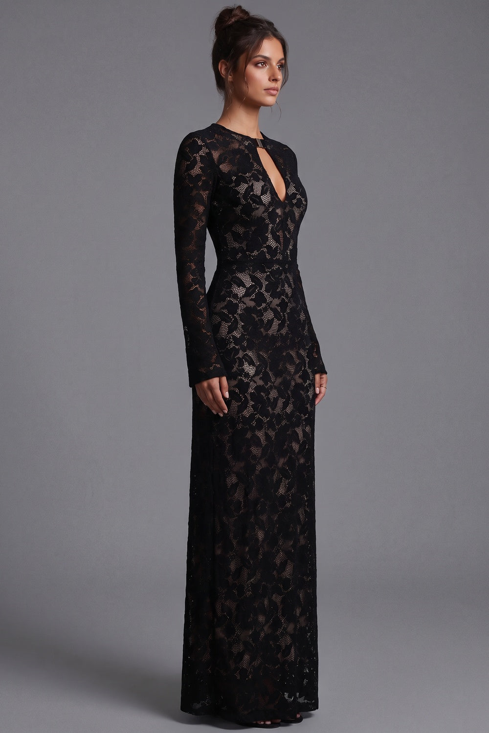Black Floral Lace Column Gown black floral lace gown - product view 5