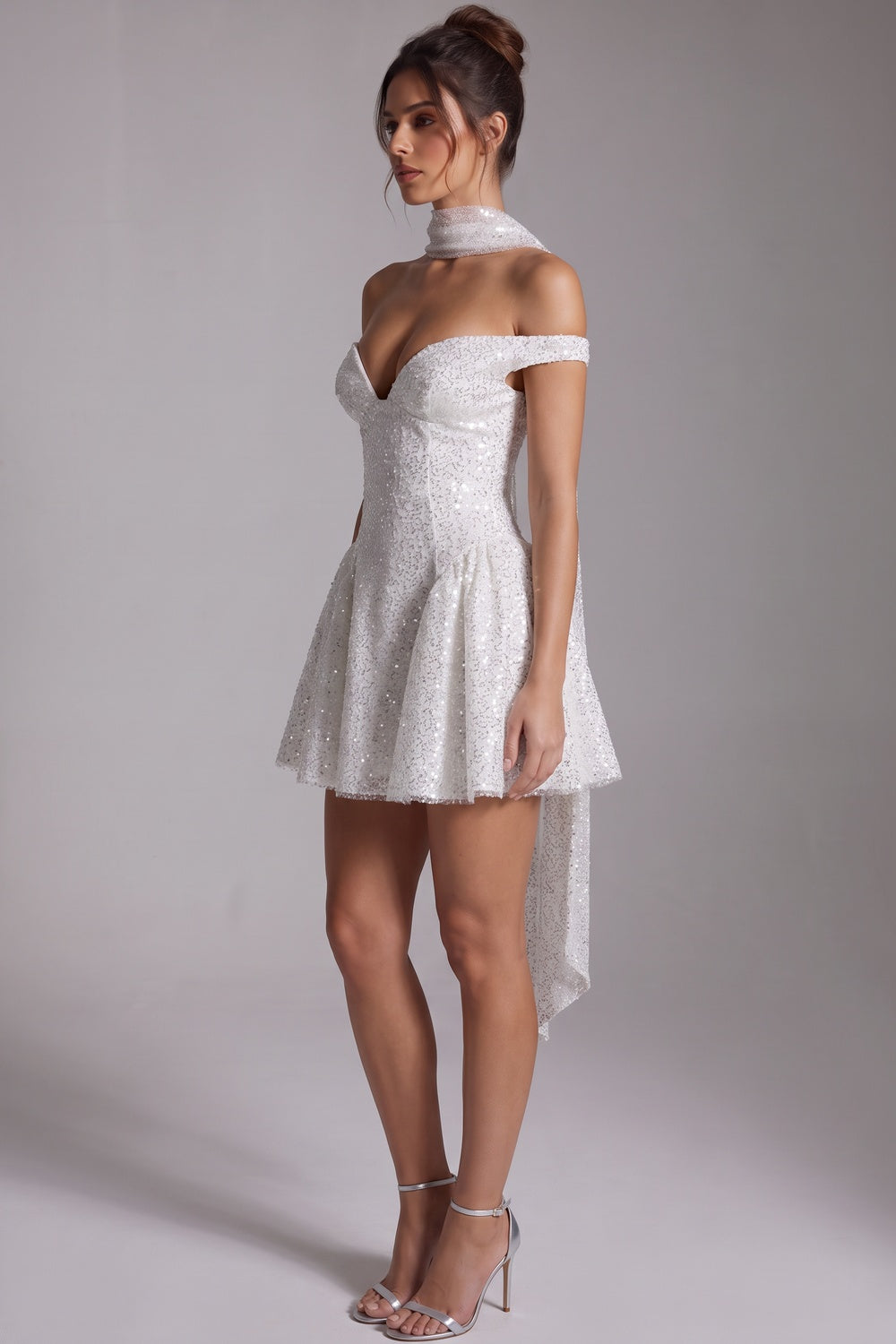 White Sequined Mesh Fit-and-Flare Mini Dress with Matching Neck Scarf white, silver sequined mesh mini dress with matching neck scarf - product view 5