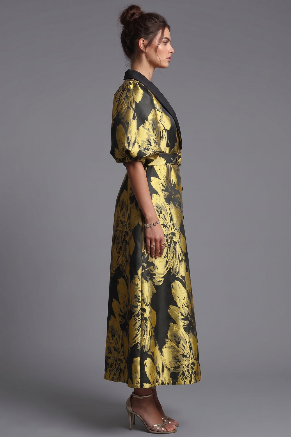 Gold Floral Jacquard A-Line Midi Dress with Contrasted Collar gold, black jacquard dress - product view 5