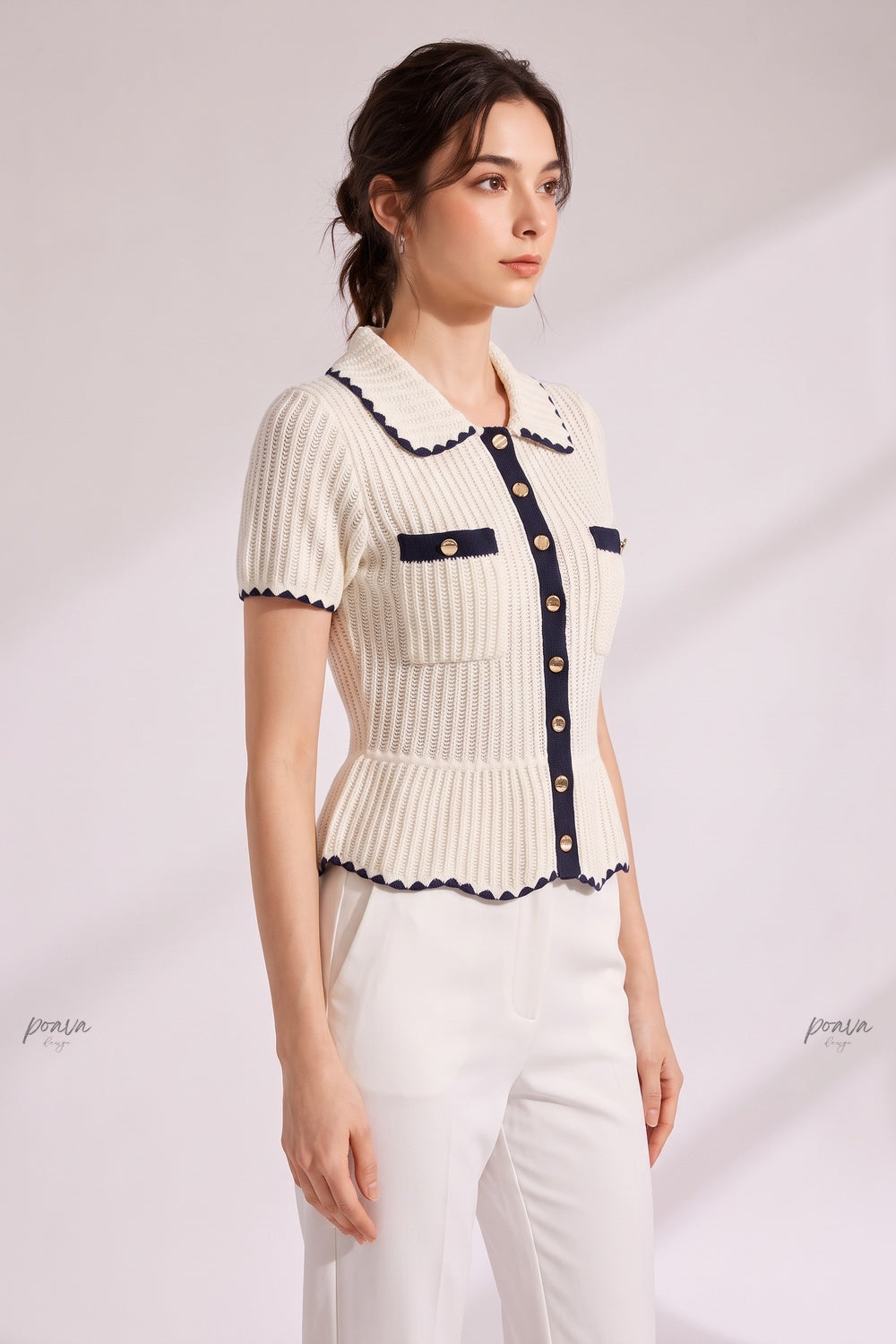 Cream Ribbed Knit Peplum Short-Sleeve Cardigan cream ribbed knit short-sleeve knit cardigan - product view 5