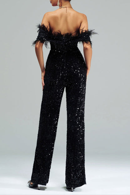 off-shoulder sequin jumpsuit in black