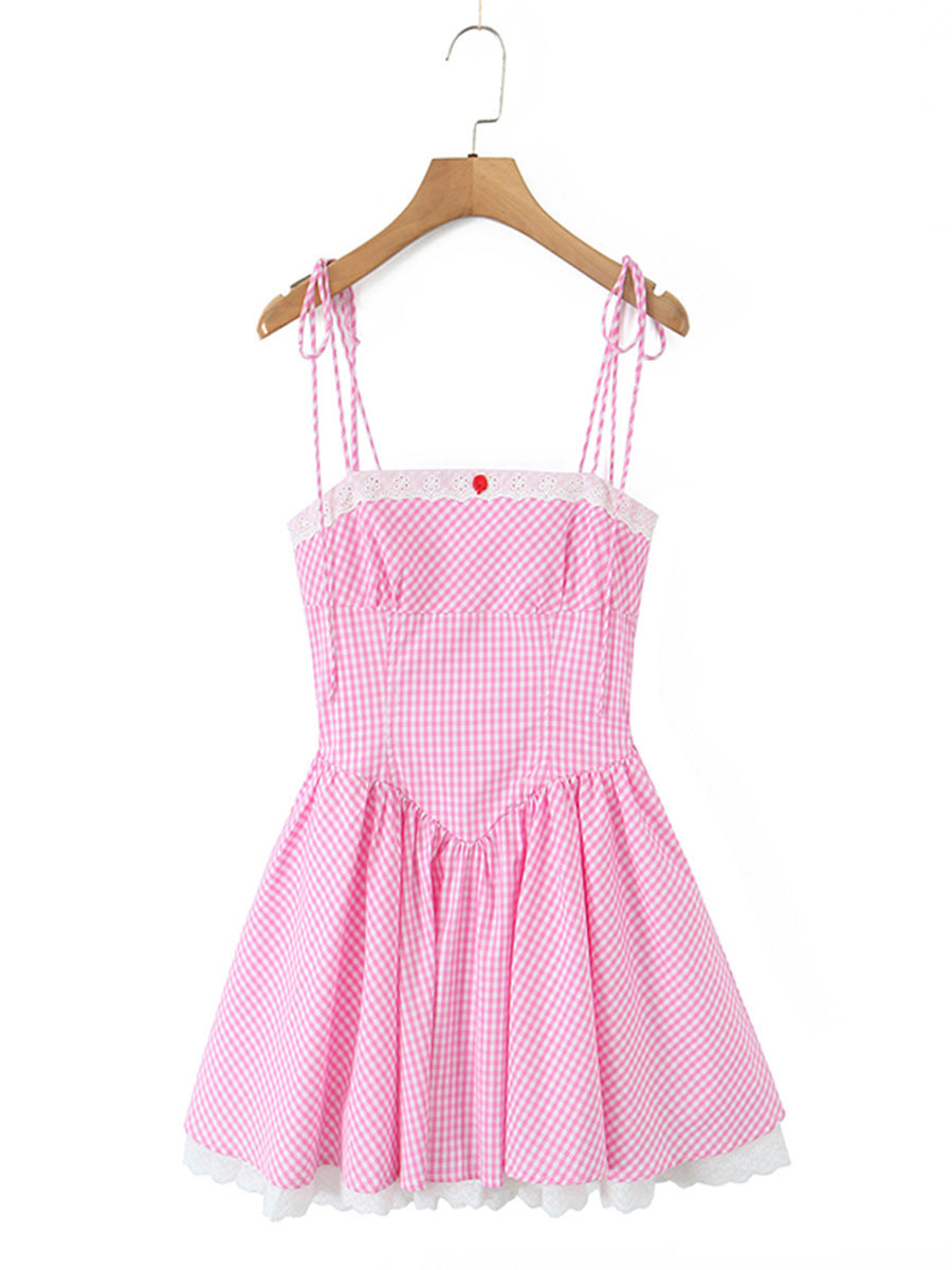 joyce grid strap mini dress in pink