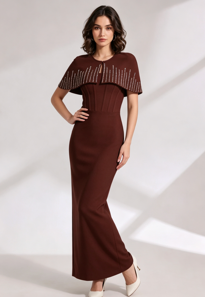 Dark Brown Structured Crepe Column Dress with Capelet Overlay