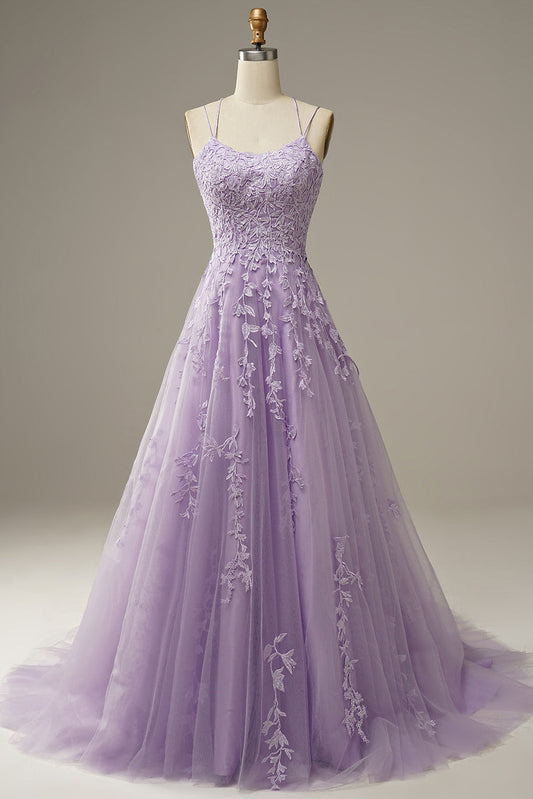 A-Line Purple Spaghetti Straps Long Prom Dress