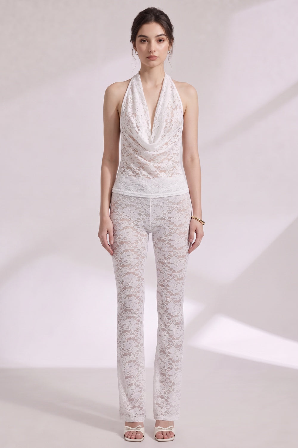 White Sheer Floral Lace Two-Piece Set - Halter Top & Flared Pants White Sheer floral lace Two-piece set (top and pants) - product view 1