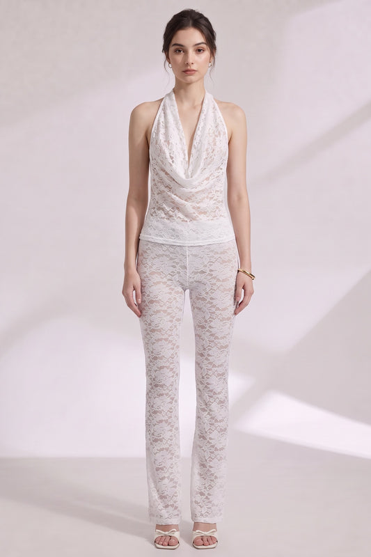 White Sheer Floral Lace Two-Piece Set - Halter Top & Flared Pants White Sheer floral lace Two-piece set (top and pants) - product view 1