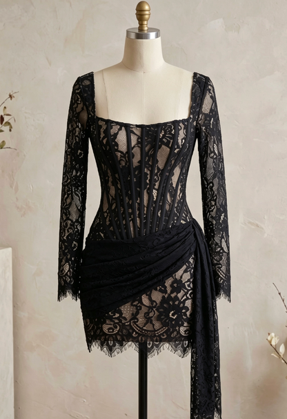 Black Floral Lace Bodycon Corset Mini Dress