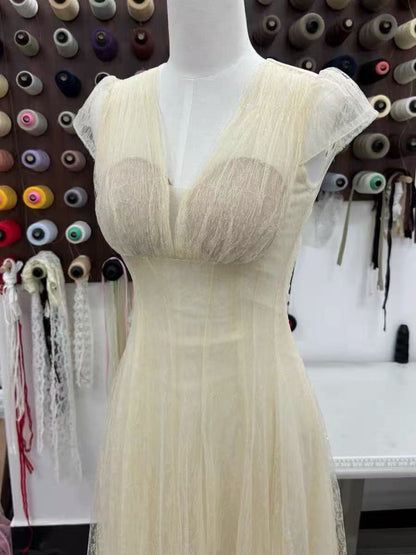 Glitter Tulle Cap Sleeve V-Neck Empire Waist Flowy Maxi Dress