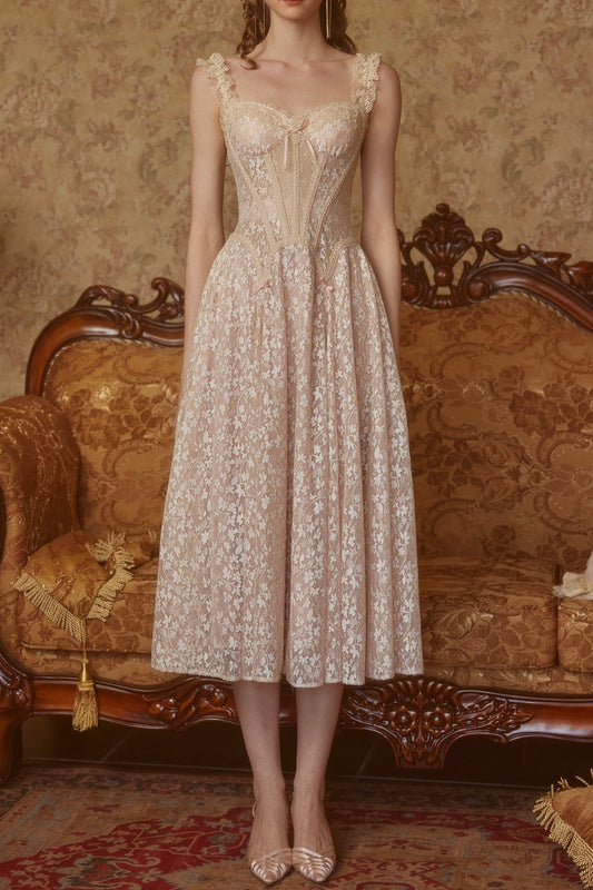 aurora lace floral embroidery midi dress in nude