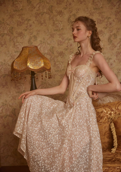 aurora lace floral embroidery midi dress in nude