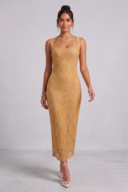 Mustard Yellow Textured Floral Lace Sheath Dress