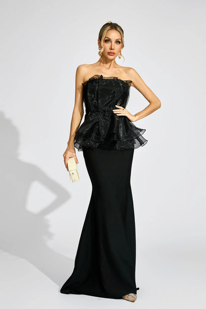 lorraine Black Peplum strapless maxi Dress