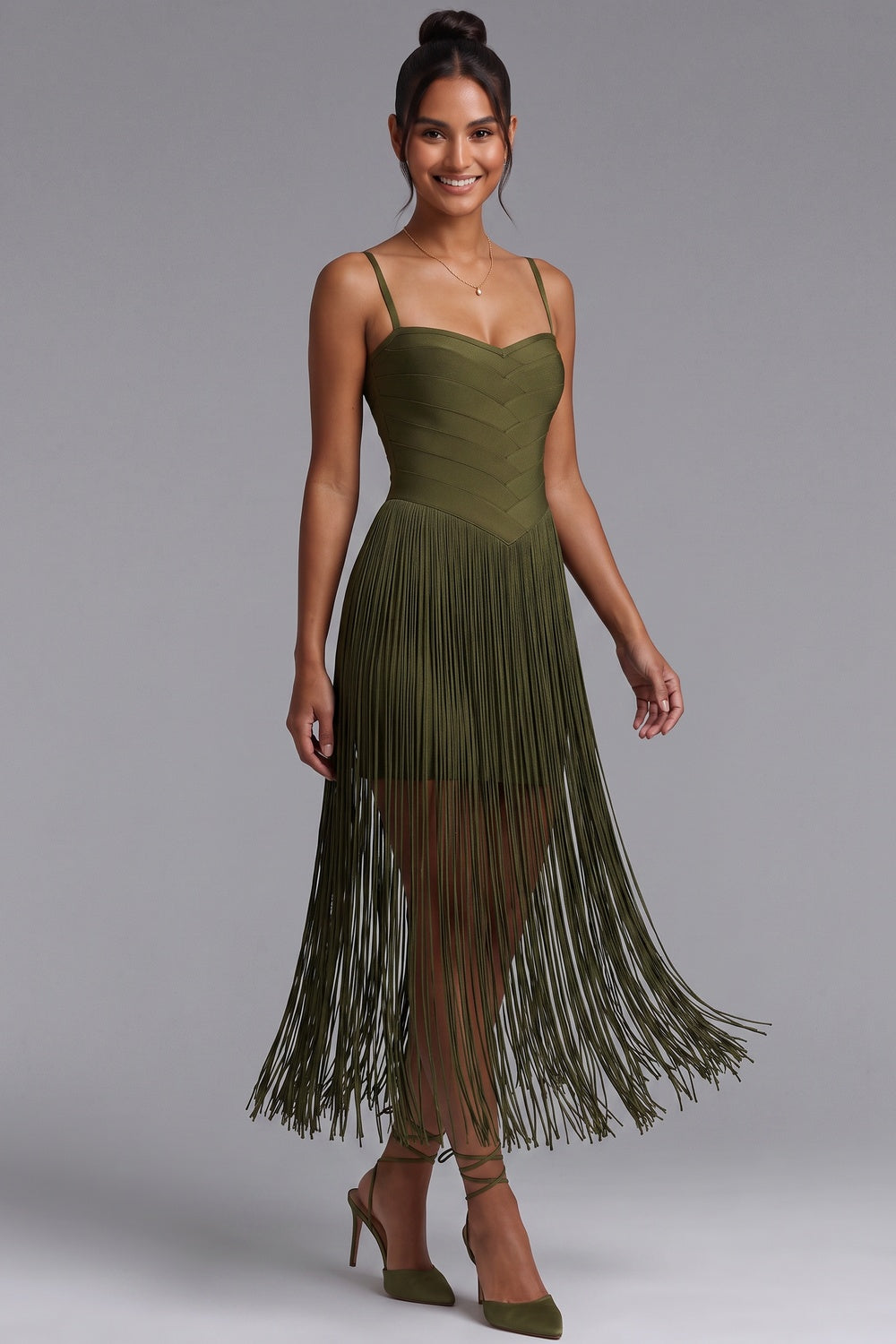 Olive Green Heavy Stretch Knit Fitted Bodice with Straight Fringe Skirt Dress olive green heavy stretch knit dress - product view 4