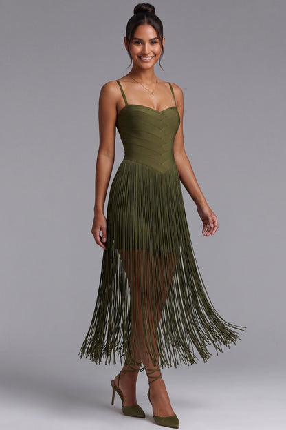 Olive Green Heavy Stretch Knit Fitted Bodice with Straight Fringe Skirt Dress olive green heavy stretch knit dress - product view 4