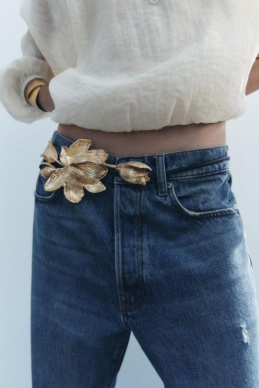3D Sculpted Golden Floral Thin Leather Belt
