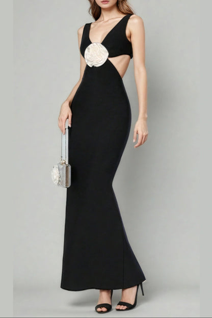 flower V-neck Hollow Out maxi Dress in black