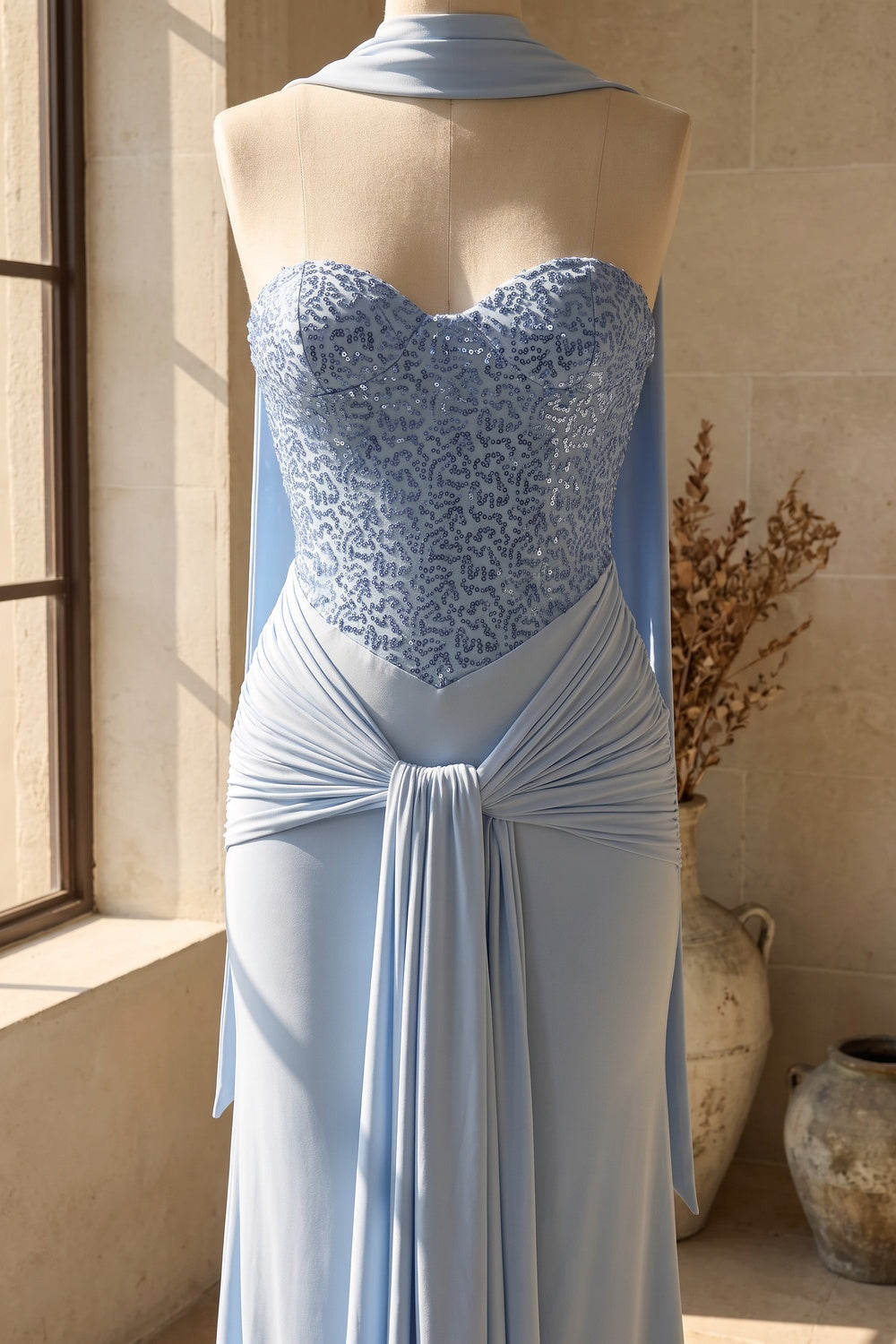 Light Blue Sequined Evening Gown with Draped Waist Premium Fabric - product view 4
