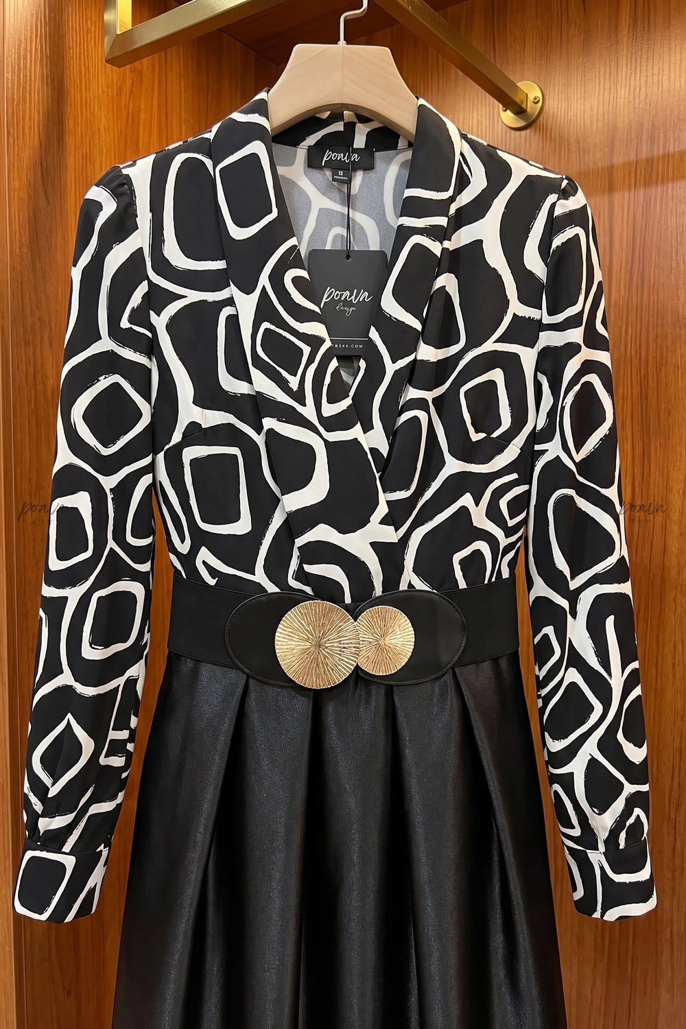 Black Satin-Finish Woven Fabric A-Line Mock Two-Piece Midi Dress black, white satin-finish woven fabric mock two-piece midi dress - product view 6
