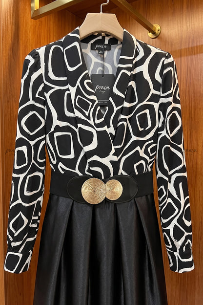 Black Satin-Finish Woven Fabric A-Line Mock Two-Piece Midi Dress black, white satin-finish woven fabric mock two-piece midi dress - product view 6
