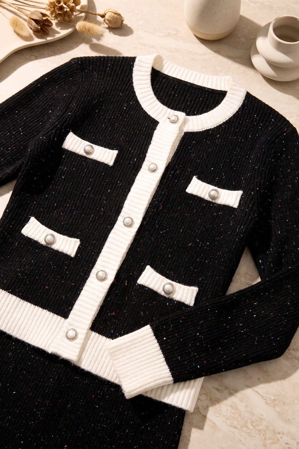 Black Glitter Knit Two-Piece Cardigan & Skirt Set Black Flecked/glitter knit Two-piece knit cardigan and skirt set - product view 6