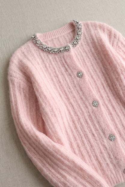 Pastel Pink Mohair-Blend Knit Cardigan with Rhinestone Embellishment pastel pink mohair-blend knit cardigan - product view 6