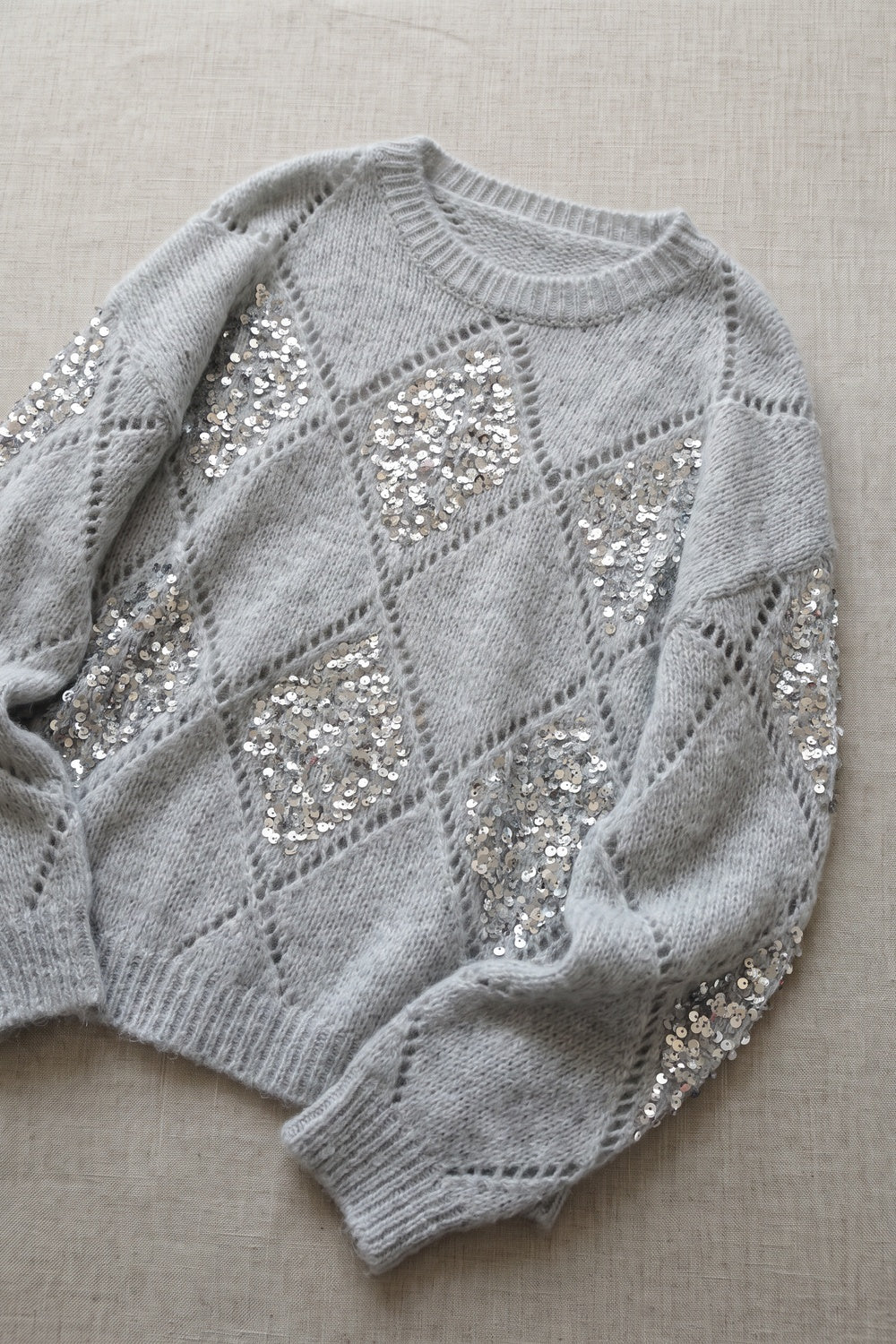 Light Grey Sequin Diamond Oversized Mohair-Blend Sweater light grey fuzzy mohair-blend knit sweater - product view 6