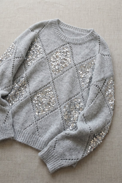 Light Grey Sequin Diamond Oversized Mohair-Blend Sweater light grey fuzzy mohair-blend knit sweater - product view 6