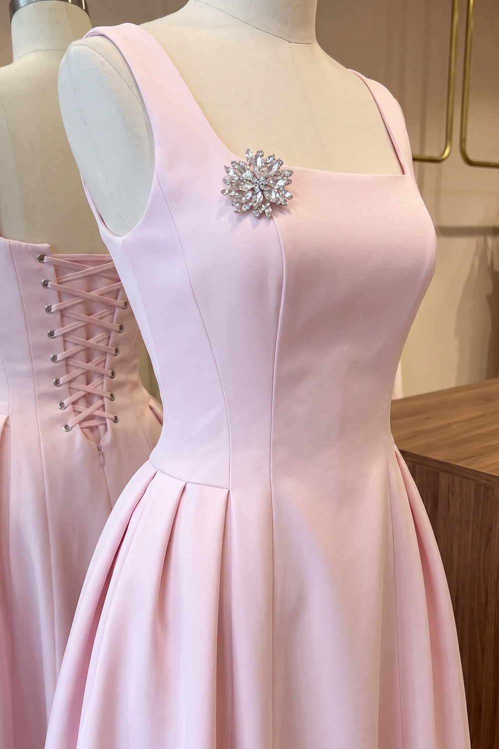 Light Pink Structured Satin Fit-and-Flare Midi Dress light pink structured mid-weight satin dress - product view 6