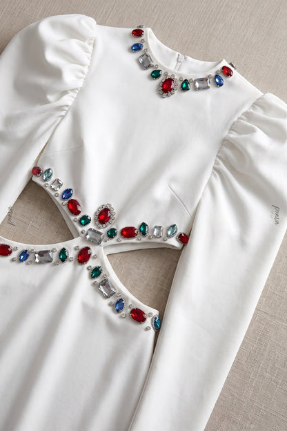 White Heavy Crepe Column Maxi Dress with Puff Shoulders and Crystal Cutouts white heavy crepe maxi dress - product view 6