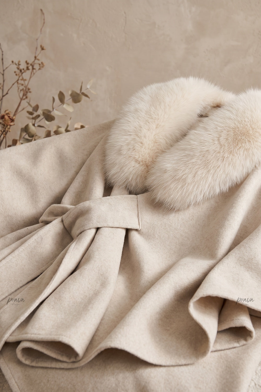 Cream Brushed Wool Blend Draped Wrap Cape Cream, Beige Brushed wool or cashmere blend Cape - product view 6