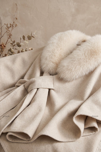Cream Brushed Wool Blend Draped Wrap Cape Cream, Beige Brushed wool or cashmere blend Cape - product view 6