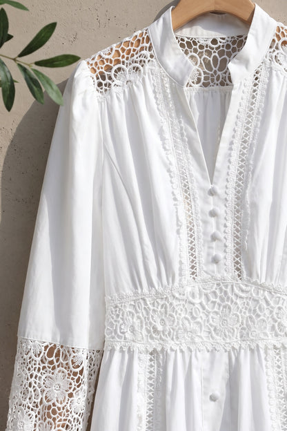 White Cotton Poplin Fit-and-Flare Dress with Lace Inserts white cotton poplin dress - product view 6
