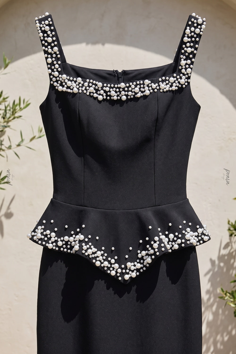 Black Heavy Crepe Column Gown with Structured Peplum and Pearl Embellishments black heavy crepe gown - product view 6