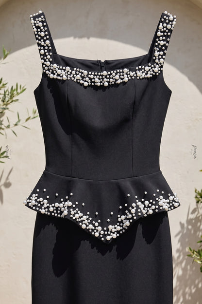 Black Heavy Crepe Column Gown with Structured Peplum and Pearl Embellishments black heavy crepe gown - product view 6