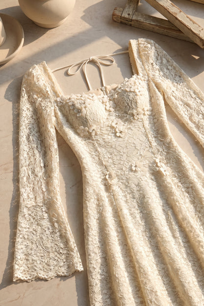 Cream Floral Lace A-Line Midi Dress cream floral lace dress - product view 6