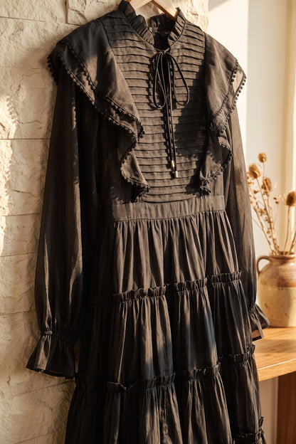 Black Tiered A-Line Midi Dress with Bishop Sleeves black lightweight semi-sheer woven fabric dress - product view 6
