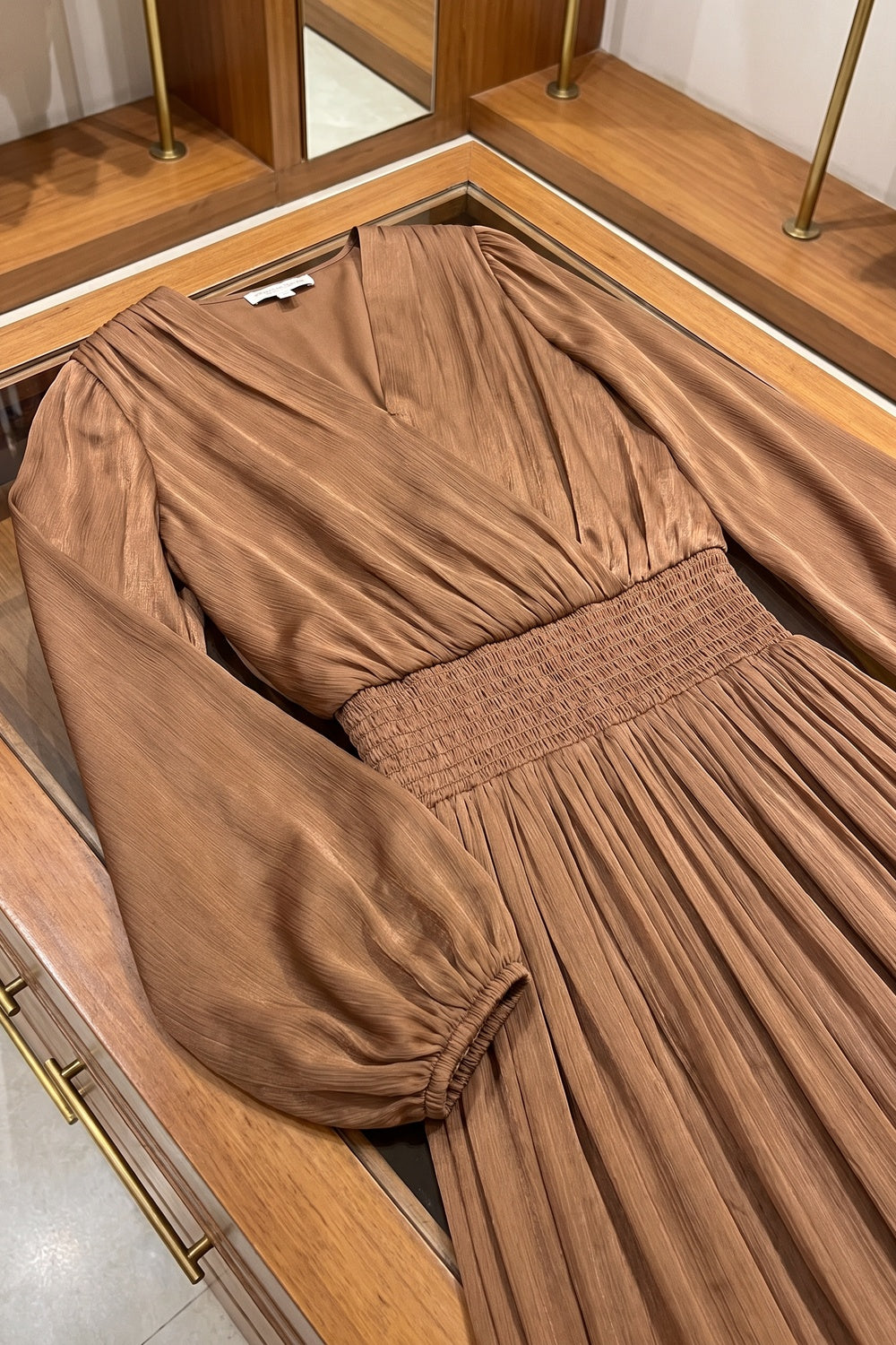Bronze Brown Pleated Satin-Georgette Blend Maxi Dress bronze brown pleated satin-georgette blend maxi dress - product view 6