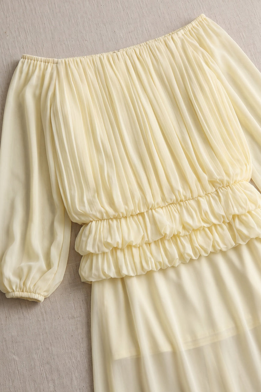 Pale Yellow Chiffon Off-The-Shoulder Blouson Two-Piece Set pale yellow chiffon two-piece set - product view 6