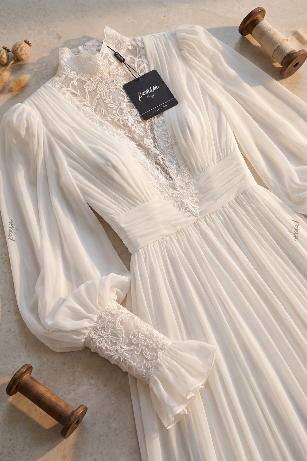 White Chiffon A-Line Gown with Lace Details white chiffon gown - product view 6