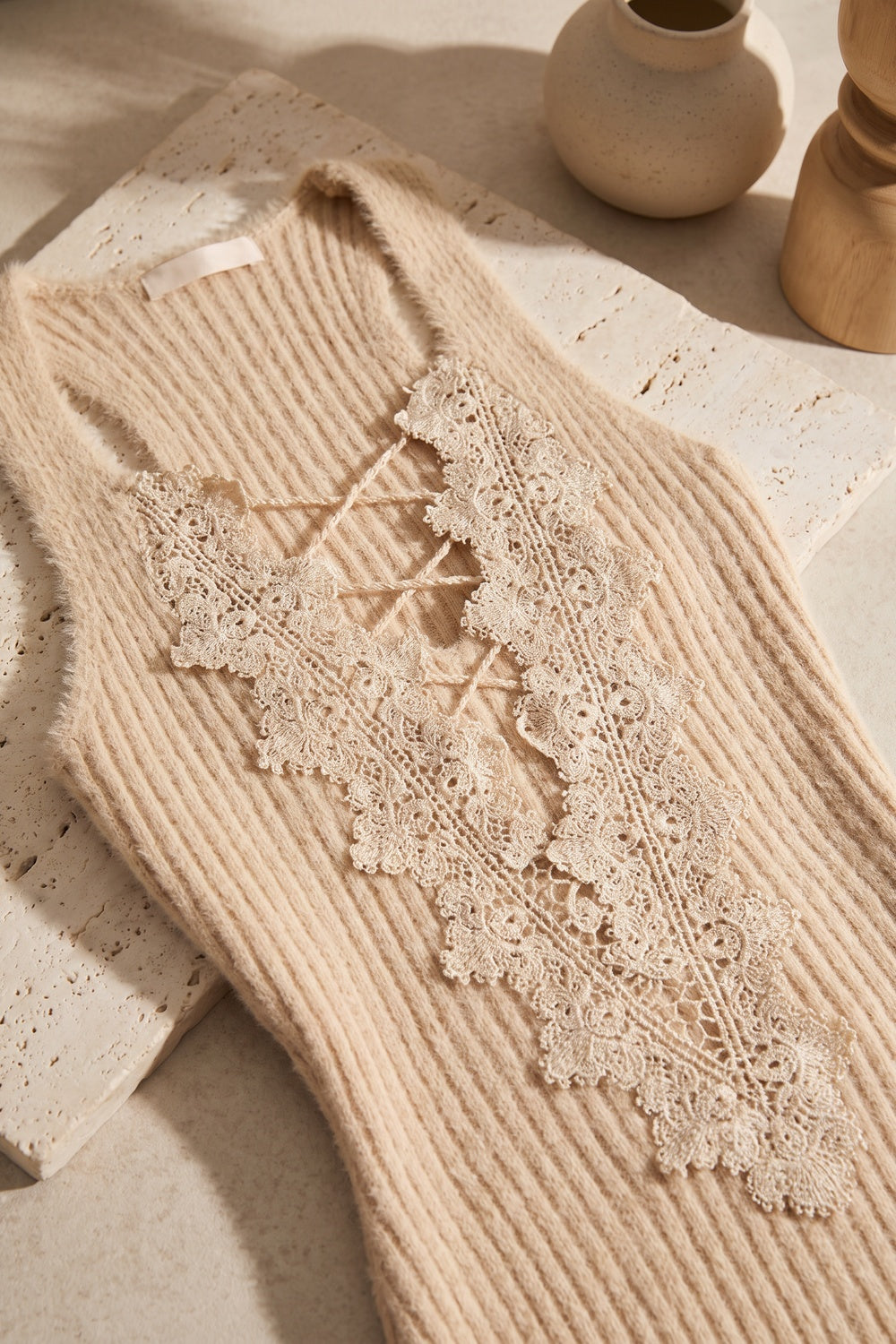 Beige Ribbed Knit Bodycon Mini Dress with Lace Trim beige ribbed knit mini dress - product view 6