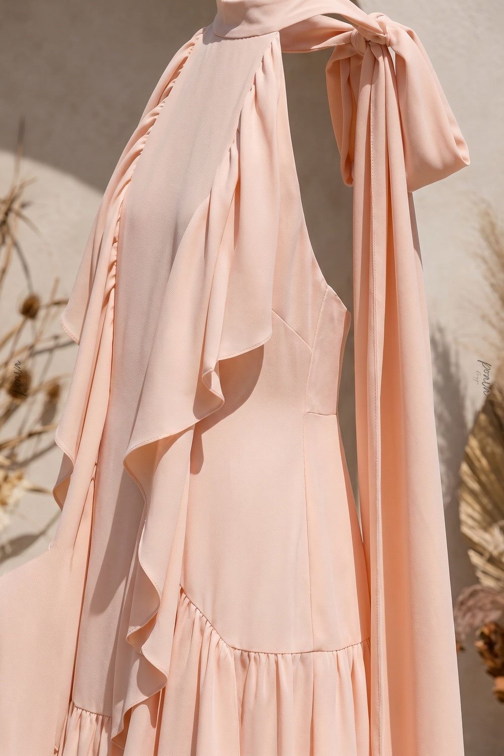 Pale Peach Lightweight Crepe A-Line Tiered Dress pale peach lightweight crepe dress - product view 6