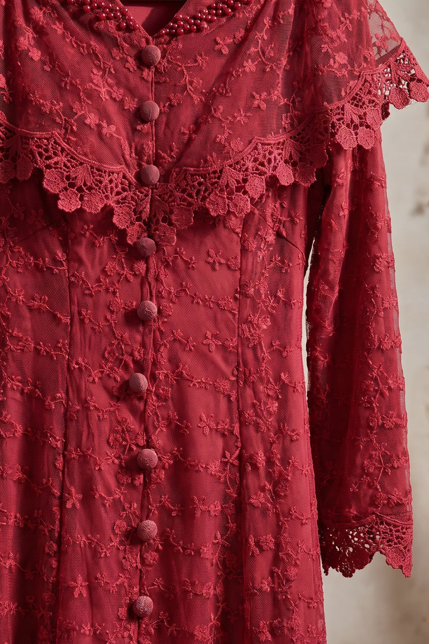 Deep Red Embroidered Floral Lace A-Line Midi Dress deep red embroidered floral lace overlay dress - product view 6