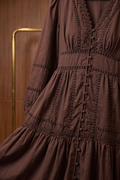 Chocolate Brown Cotton A-Line Tiered Midi Dress with Lace Inserts chocolate brown cotton woven dress - product view 6
