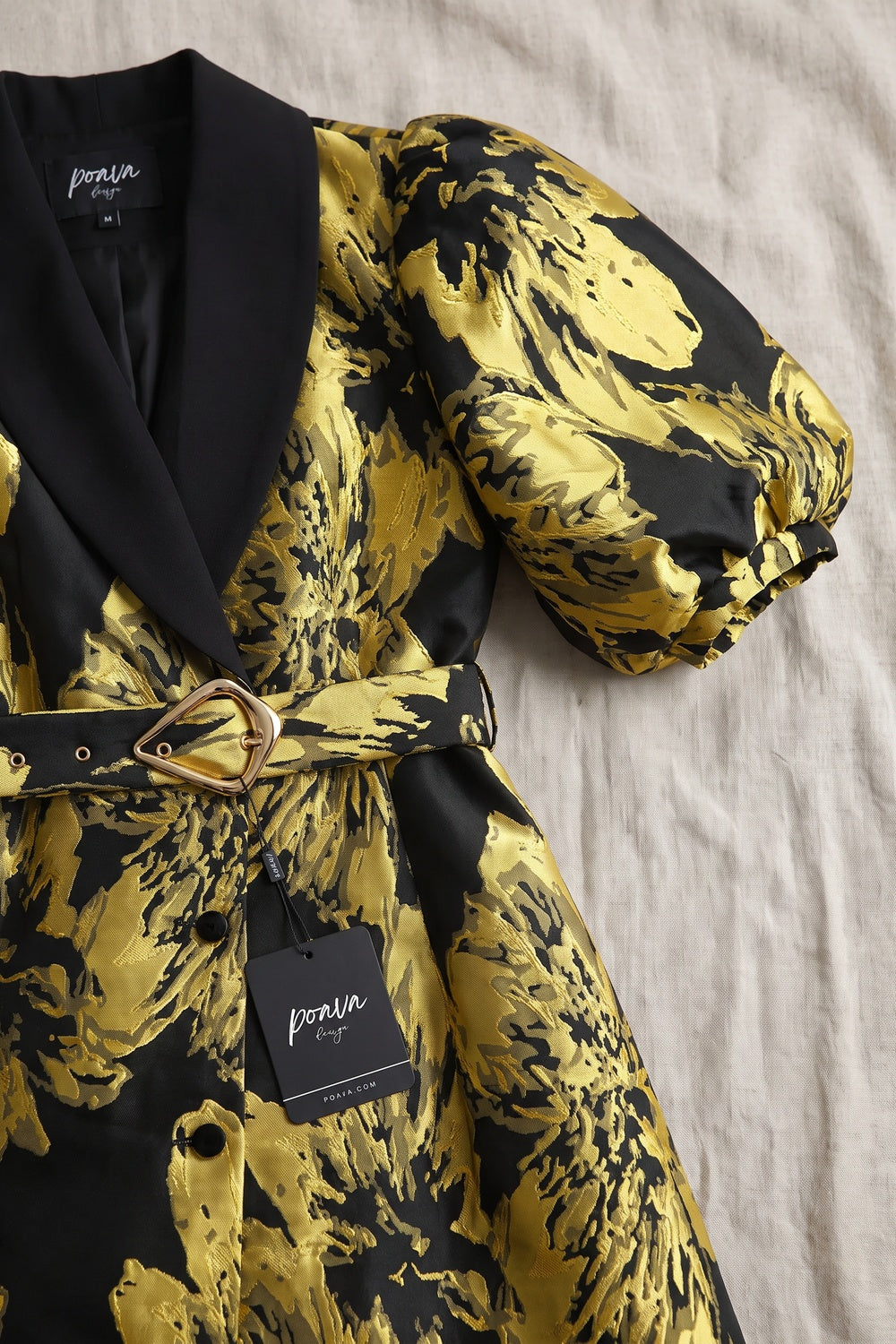 Gold Floral Jacquard A-Line Midi Dress with Contrasted Collar gold, black jacquard dress - product view 6