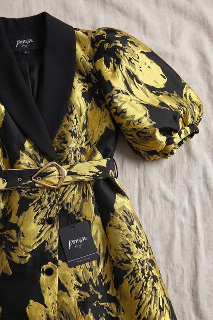 Gold Floral Jacquard A-Line Midi Dress with Contrasted Collar gold, black jacquard dress - product view 6