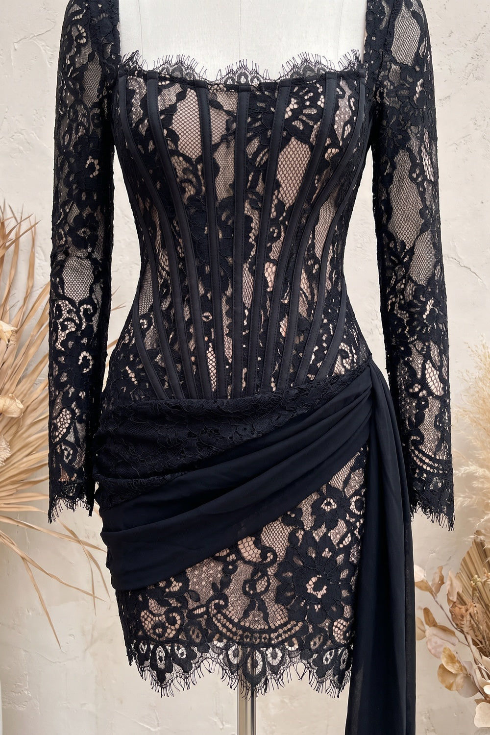 Black Floral Lace Bodycon Corset Mini Dress black floral lace mini dress - product view 6
