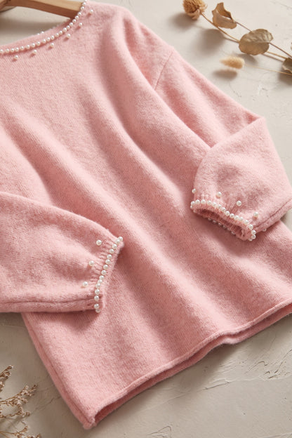 Pastel Pink Pearl Trim Drop Shoulder Sweater pastel pink soft fine knit sweater - product view 6