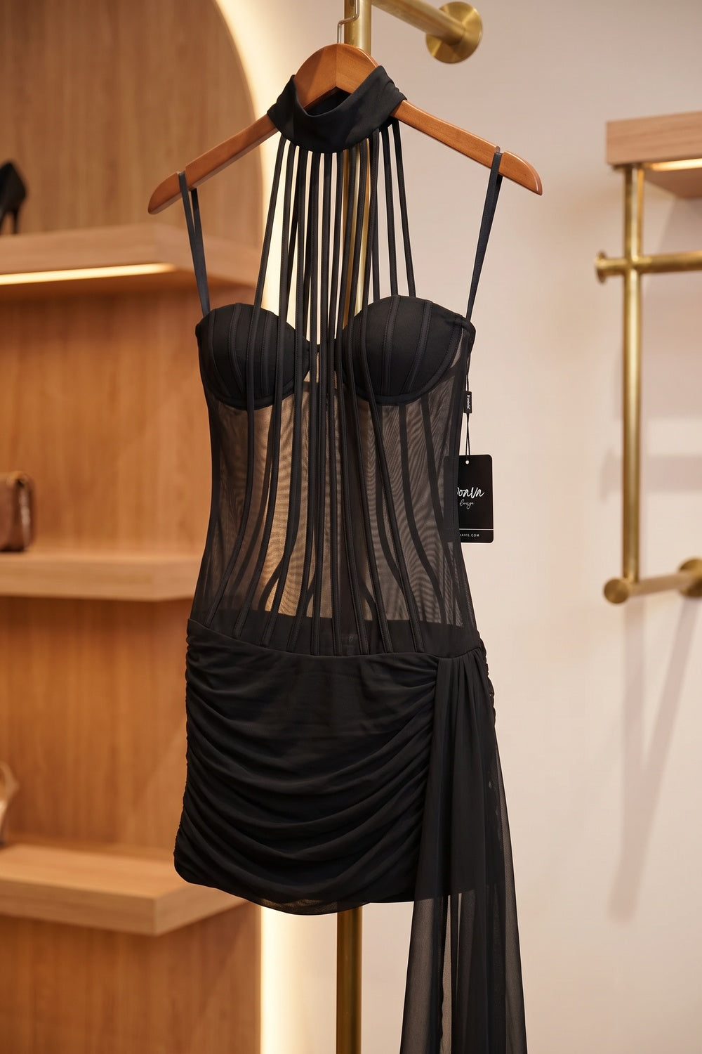 Black Sheer Mesh and Stretch Jersey Bodycon Mini Dress with Asymmetrical Side Train black sheer mesh and stretch jersey mini dress - product view 6