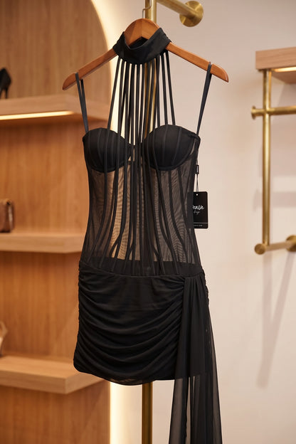 Black Sheer Mesh and Stretch Jersey Bodycon Mini Dress with Asymmetrical Side Train black sheer mesh and stretch jersey mini dress - product view 6